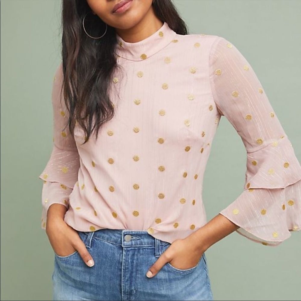 Hutch Anthropologie Blouse XS Pink Gold Dot‎ Mock Neck Bell Sleeve Top Feminine